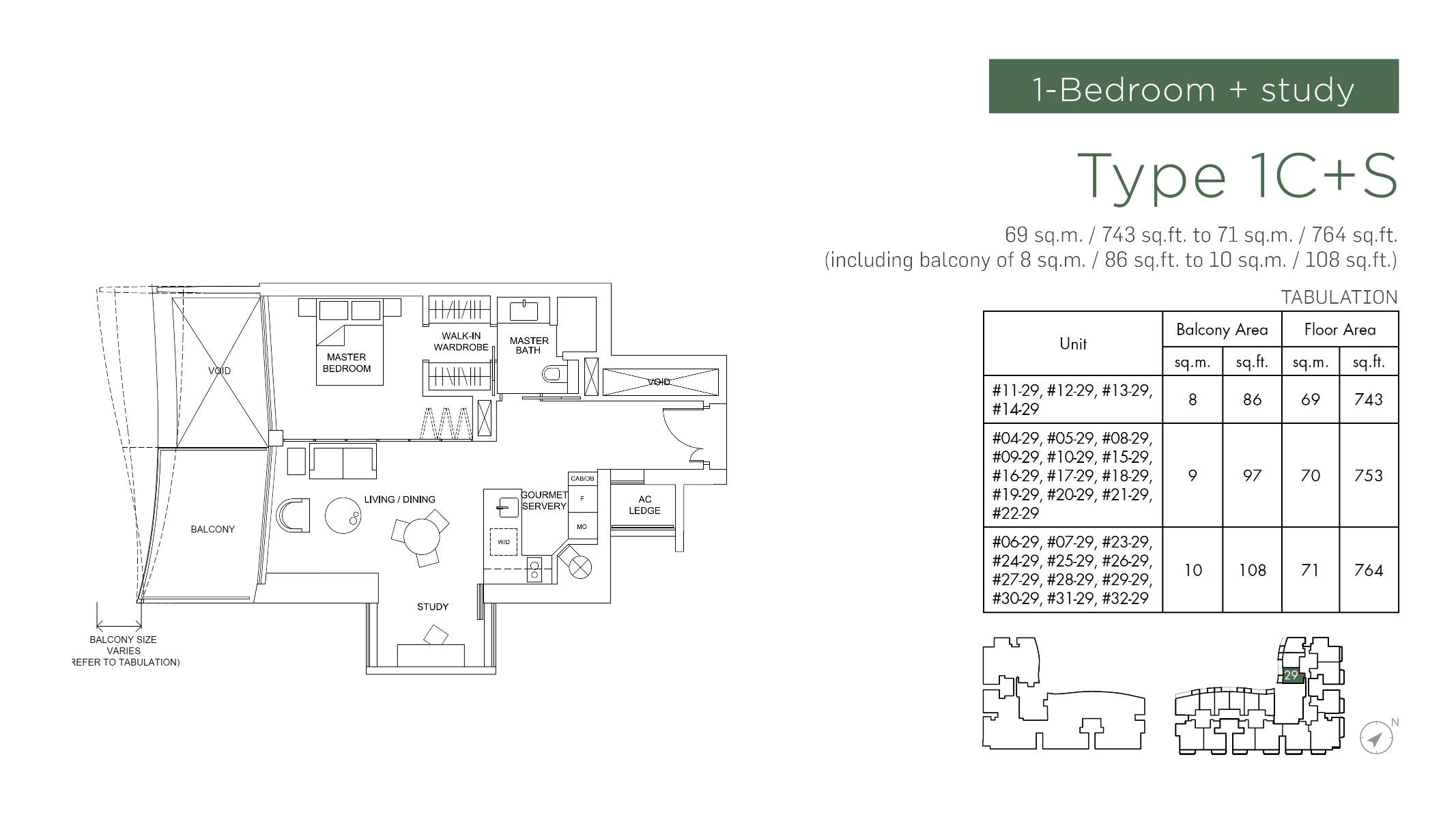 1 Bedroom + Study Type 1C+S Marina One Residence Floor Plan